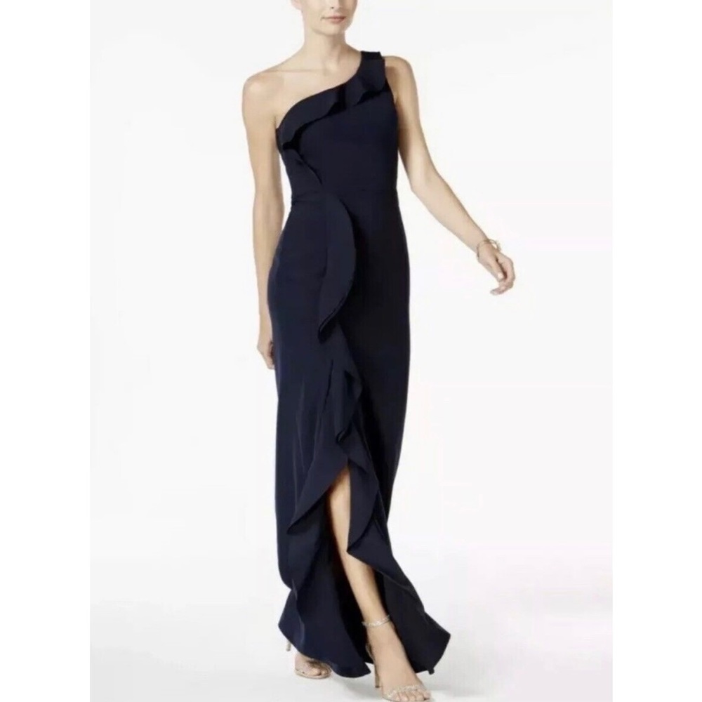 NWT Xscape Navy One Shoulder Ruffle dress